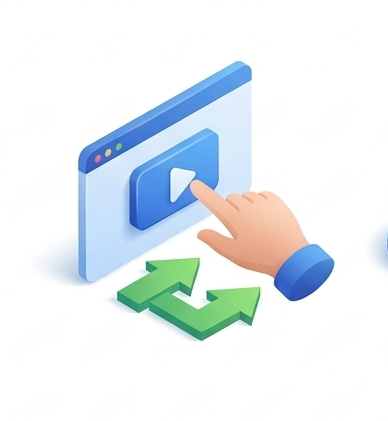 Isometric interface with a hand-click and sync arrows symbolizing ease of use.