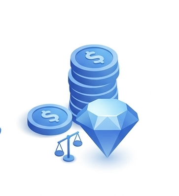 3D stack of coins and a diamond representing SaaS value and premium pricing.