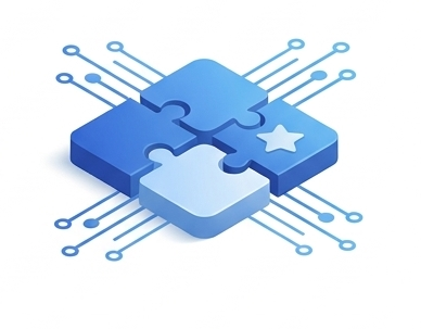 Connected blue puzzle pieces over digital circuits showing software compatibility.