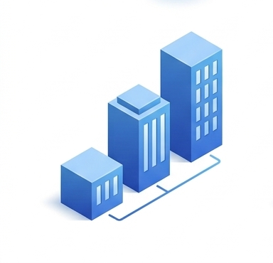 Rising 3D skyscrapers representing software scalability for growing teams.