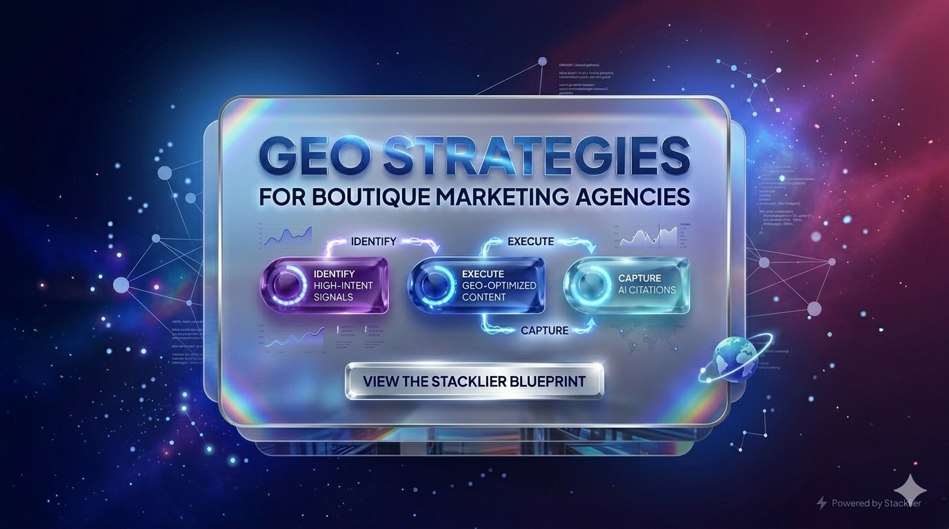 An iridescent digital dashboard showing GEO Strategies for Boutique Marketing Agencies: The 2026 Growth Guide a strategic workflow for AI citations and entity authority, styled with high-fidelity frosted glass textures and neon indigo accents.