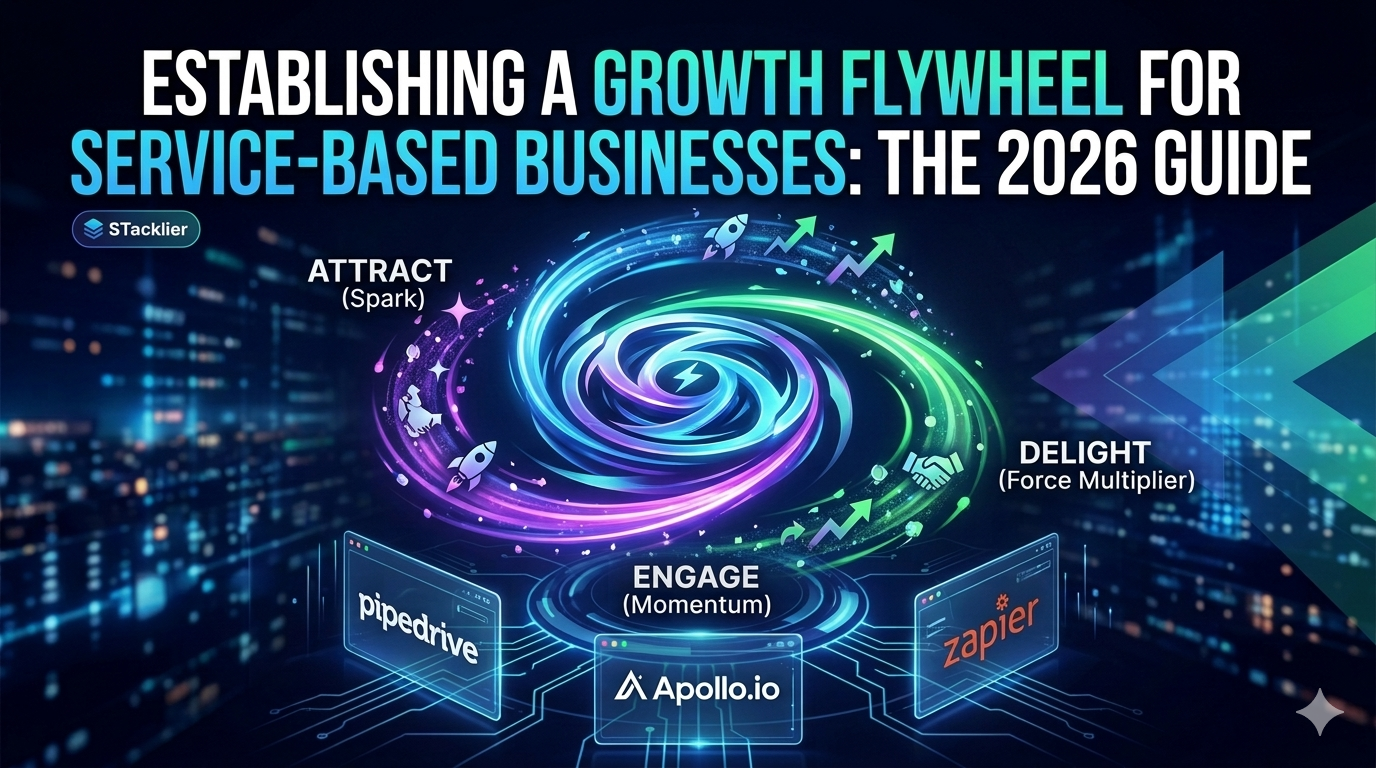 A high-end 3D digital graphic illustrating the 2026 Growth Flywheel for service-based businesses by Stacklier. The visual features a neon purple and blue energy spiral divided into three stages: Attract (Spark), Engage (Momentum), and Delight (Force Multiplier). Below the flywheel are UI cards for Apollo.io, Pipedrive, and Zapier, representing the technology stack for B2B client acquisition."