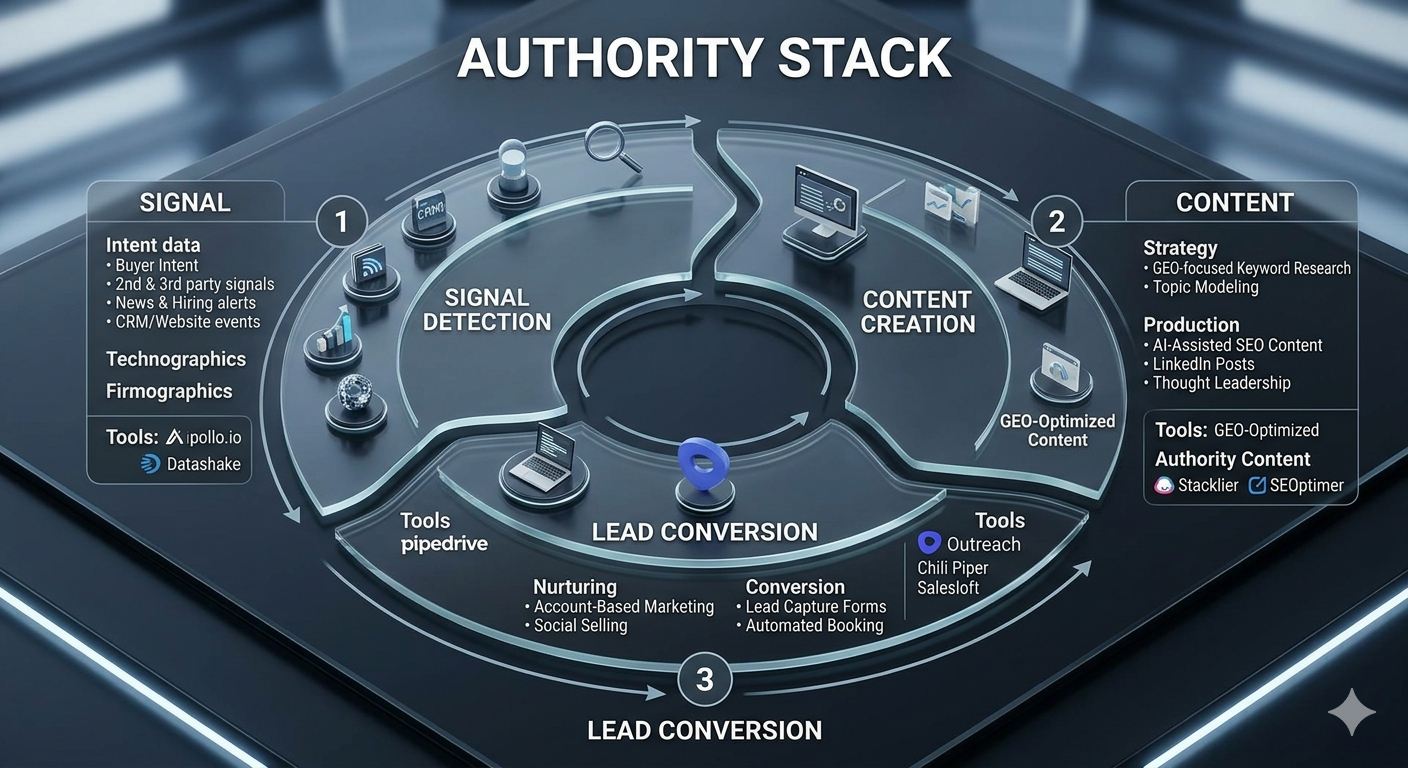 The Stacklier Authority Stack: A circular loop showing Signal Detection, GEO Content Creation, and Lead Conversion infrastructure.