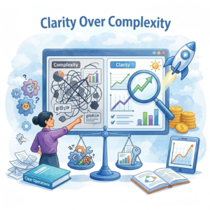 A professional watercolor-style illustration showing a business woman comparing a messy, scribbled "Complexity" dashboard to a clean, organized "Clarity" dashboard with growth charts, a magnifying glass, and a rocket taking off.