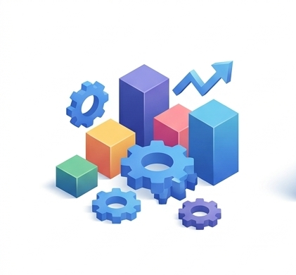 3D isometric bar charts and gear wheels representing B2B software capabilities.