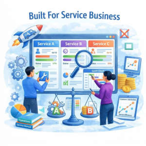 A professional watercolor-style illustration of a business team collaborating on a digital dashboard showing checklists, customer profiles, and service growth charts, symbolizing specialized B2B software for service industries.